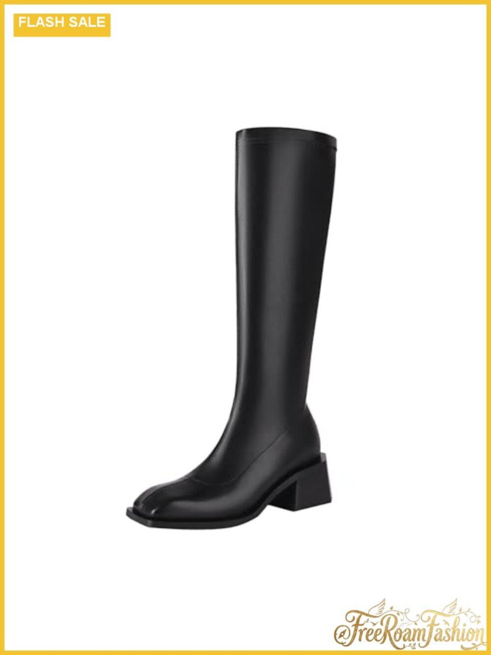 Knee High Boots Square Toe Block Heel Side Zipper Faux Leather
